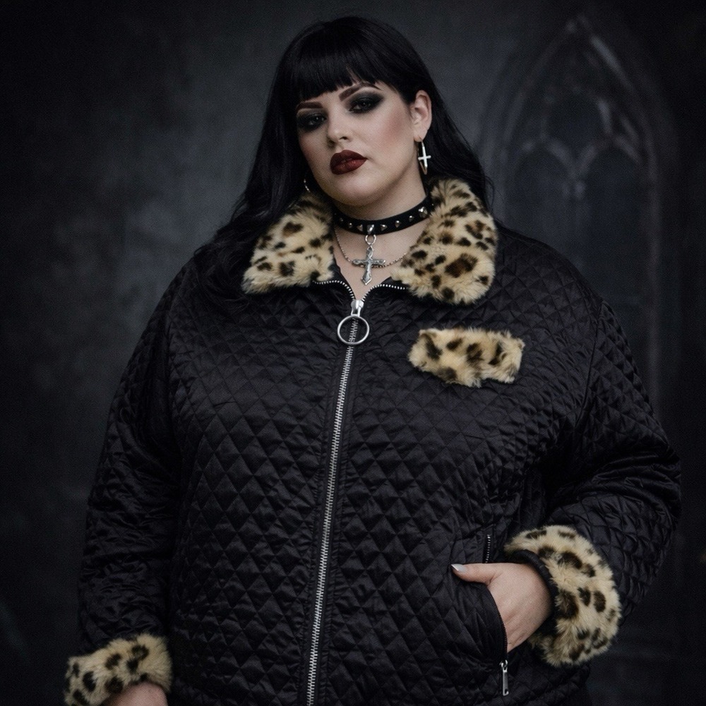 Dolls Kill Current Mood Quilted Jacket Womens 3X Black Animal Faux Fur Accents